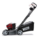 The Victa Corvette Twin 16" 18V Lawnmower - Console Only is a black and red cordless electric lawnmower that features a V-shaped handle. It has four wheels and includes a grass collection bag attached at the back. Powered by the Corvette Twin 18V Durable battery pack, its front section boasts advanced brushless motor technology for efficient mowing.