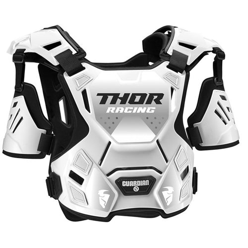 A THOR MX GUARDIAN CHEST PROTECTOR WHITE/BLACK designed for racing with the brand name "THOR MX" displayed prominently on the chest. The protector includes padded shoulder guards and a waist strap with the label "GUARDIAN" above two white logos.