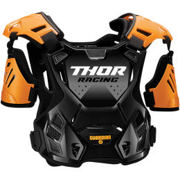 A black and orange THOR MX CHEST PROTECTOR YOUTH BLACK ORANGE by THOR MX featuring a rugged design with multiple angular segments. The front displays "THOR RACING" in white text and "GUARDIAN" in yellow below it. Orange shoulder pads with black accents offer robust protection, while the Level 1 back protector adds enhanced safety.