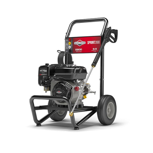 Image of a Briggs & Stratton HSPW Sprint 2800 pressure washer, featuring a striking red and black color scheme. The robust frame supports a large handle, two hefty wheels, and a black engine. The high-pressure hose is neatly coiled around the handle, with a long spray wand attached.