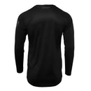 The THOR MX JERSEY S23Y SECTOR MINIMAL BLACK features a sleek black design with subtle grey patterns and "THOR" boldly displayed on the chest. This long-sleeve jersey is crafted for racewear enthusiasts while providing a versatile style suitable for casual outings.