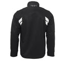 Introducing the THOR WARMUP JACKET BLACK/WHITE by THOR MX: This athletic black jacket features a zippered front, a high collar, and prominently displays the word “THOR” in bold white block letters across the chest. The sleeves boast white accents along with additional text. As part of the Warm Up collection, this jacket also includes practical front pockets and small logos near the collar and shoulders.