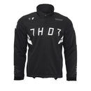 Introducing the THOR WARMUP JACKET BLACK/WHITE by THOR MX: This athletic black jacket features a zippered front, a high collar, and prominently displays the word “THOR” in bold white block letters across the chest. The sleeves boast white accents along with additional text. As part of the Warm Up collection, this jacket also includes practical front pockets and small logos near the collar and shoulders.