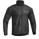 A black zip-up jacket with a high collar and long sleeves, showcasing the “THOR MX” brand name in bold white letters on the left chest area. The design, identified as "JACKET S23 THOR MX PACK BLACK," is simple with no additional patterns or colors and includes an adjustable drawstring waist closure for a snug fit.
