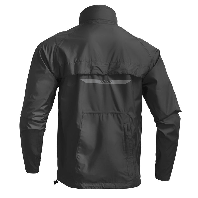 A black zip-up jacket with a high collar and long sleeves, showcasing the “THOR MX” brand name in bold white letters on the left chest area. The design, identified as "JACKET S23 THOR MX PACK BLACK," is simple with no additional patterns or colors and includes an adjustable drawstring waist closure for a snug fit.