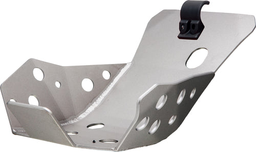 The CROSSPRO SKID PLATE is a 4mm aluminum guard specifically designed for GasGas EC250F, EC350F, Husqvarna FE250, FE350, and KTM 250EXCF, 350EXCF models. Featuring a rugged metallic build with multiple circular cut-outs and a mounted clip, its design boasts sloped sides for effective deflection and enhanced durability. Ideal for off-road vehicles, this aluminum engine guard provides superior protection to your undercarriage from potential damage.