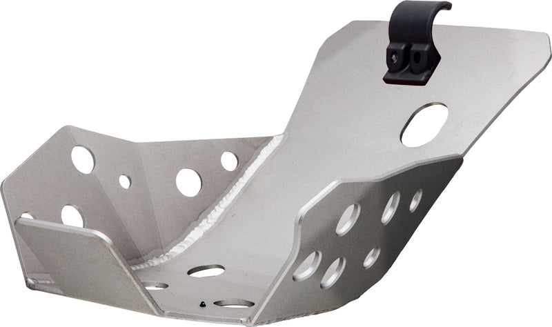 The CROSSPRO SKID PLATE is a 4mm aluminum guard specifically designed for GasGas EC250F, EC350F, Husqvarna FE250, FE350, and KTM 250EXCF, 350EXCF models. Featuring a rugged metallic build with multiple circular cut-outs and a mounted clip, its design boasts sloped sides for effective deflection and enhanced durability. Ideal for off-road vehicles, this aluminum engine guard provides superior protection to your undercarriage from potential damage.
