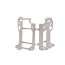 Two silver metal brackets stand upright, each featuring a rectangular frame with several cutouts and holes for mounting purposes. These *RADIATOR BRACE CROSSPRO SILVER SUZUKI RMZ250 10-18 appear designed for supporting or securing equipment, making them ideal for Suzuki RM-Z 250 radiator protection.