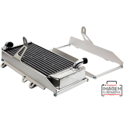 Two silver metal brackets stand upright, each featuring a rectangular frame with several cutouts and holes for mounting purposes. These *RADIATOR BRACE CROSSPRO SILVER SUZUKI RMZ250 10-18 appear designed for supporting or securing equipment, making them ideal for Suzuki RM-Z 250 radiator protection.