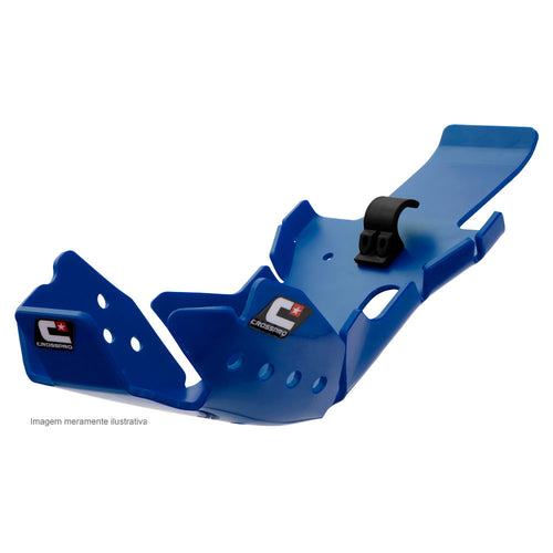 The BASH PLATE CROSSPRO EC DTC ENDURO PLASTIC for Yamaha WR450F, YZ450F, and YZ450FX models from 2019 to 2022 in blue features a sleek design with mounting holes and the branded logo "CrossPro." It provides vital protection to the underside of your dirt bike or ATV and includes suspension link protection.