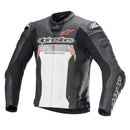 The Alpinestars Missile Ignition v2 Jacket by Crown Kiwi Enterprises Limited is a black and white leather motorcycle jacket with orange accents, featuring armor on the shoulders and elbows. "Alpinestars" is prominently displayed on the front and sleeves, offering Tech-Air compatibility for enhanced safety.