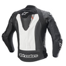 The Alpinestars Missile Ignition v2 Jacket by Crown Kiwi Enterprises Limited is a black and white leather motorcycle jacket with orange accents, featuring armor on the shoulders and elbows. "Alpinestars" is prominently displayed on the front and sleeves, offering Tech-Air compatibility for enhanced safety.