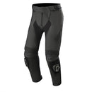 The Alpinestars Missile V2 Leather Pants in black, offered by Crown Kiwi Enterprises Limited, boast a premium leather chassis complemented by ergonomic stretch panels for enhanced mobility. They feature reinforced knee areas with a stylish logo on the right knee and come equipped with adjustable waist straps and front zippers to ensure a tailored fit.