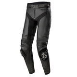 The ALPINESTARS Alpinestars Missile v3 Leather Pants Black are crafted from a premium leather chassis combined with textile material. These pants feature zipped vents, knee sliders with a star logo, and reinforced stitching. Designed for a sleek and fitted look, they include a zipper and button closure at the waist, zippers at the ankle, and are compatible with the Tech-Air® 10 Airbag System.