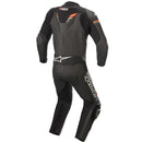 The Alpinestars GP Force Chaser Suit by Crown Kiwi Enterprises Limited is a leather motorcycle racing suit in black and orange with white accents, showcased against a white background. It offers Tech-Air® compatibility and includes Alpinestars GP protectors, featuring logos on the chest, sleeves, and legs, designed for safe riding.