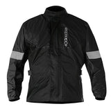 Introducing the Alpinestars Hurricane Rain Jacket Black by Crown Kiwi Enterprises Limited, a stylish piece of motorcycle gear featuring a stand-up collar, adjustable waist straps, and reflective silver stripes on the arms, with a distinctive logo on the chest.
