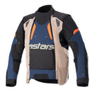 Introducing the Alpinestars Halo Drystar Jacket from Crown Kiwi Enterprises Limited, a vibrant motorcycle adventure touring jacket featuring a dynamic combination of blue, beige, black, and orange accents. The jacket prominently displays the word "astars" on the front and includes padded shoulders along with protective elements on the sleeves. It also offers enhanced airflow for added comfort during your rides.