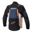 Introducing the Alpinestars Halo Drystar Jacket from Crown Kiwi Enterprises Limited, a vibrant motorcycle adventure touring jacket featuring a dynamic combination of blue, beige, black, and orange accents. The jacket prominently displays the word "astars" on the front and includes padded shoulders along with protective elements on the sleeves. It also offers enhanced airflow for added comfort during your rides.