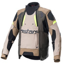 The Alpinestars Halo Drystar Jacket, offered by Crown Kiwi Enterprises Limited, is an adventure touring jacket in beige, black, and neon yellow. It features armor padding and high-tech fabric with a sporty design that prominently displays "astars" on the chest. This jacket incorporates the Tech-Air® 5 Airbag System for enhanced safety and superior airflow.