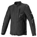 The Alpinestars RX-5 Drystar Jacket from Crown Kiwi Enterprises Limited is a black motorcycle jacket featuring adjustable sleeves, zippers, and branding on the chest and arm. This sleek waterproof jacket includes padded shoulders and elbows with Nucleon Flex Pro armor for protection, keeping you Tech-Air® ready for every ride.