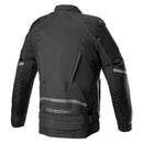 The Alpinestars RX-5 Drystar Jacket from Crown Kiwi Enterprises Limited is a black motorcycle jacket featuring adjustable sleeves, zippers, and branding on the chest and arm. This sleek waterproof jacket includes padded shoulders and elbows with Nucleon Flex Pro armor for protection, keeping you Tech-Air® ready for every ride.