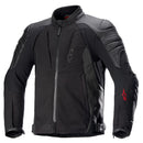 Introducing the Alpinestars Proton WP Jacket by Crown Kiwi Enterprises Limited. This black street sport jacket features reinforced shoulders and elbows, a zippered front, and an adjustable waist. It offers premium comfort with its sleek design, subtle textures, and a small red logo on the right forearm—perfect for both style and safety.