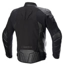 Introducing the Alpinestars Proton WP Jacket by Crown Kiwi Enterprises Limited. This black street sport jacket features reinforced shoulders and elbows, a zippered front, and an adjustable waist. It offers premium comfort with its sleek design, subtle textures, and a small red logo on the right forearm—perfect for both style and safety.
