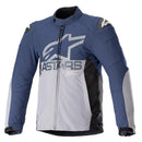 The Alpinestars SMX Waterproof Jacket by Crown Kiwi Enterprises Limited is a blue and gray motorcycle jacket featuring a front zipper, large logo on the chest and shoulder, black accents on the sides and collar, and is equipped with Nucleon Flex Plus armour. Its sporty and fitted design is perfect for those who value protection without compromising style.