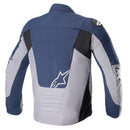 The Alpinestars SMX Waterproof Jacket by Crown Kiwi Enterprises Limited is a blue and gray motorcycle jacket featuring a front zipper, large logo on the chest and shoulder, black accents on the sides and collar, and is equipped with Nucleon Flex Plus armour. Its sporty and fitted design is perfect for those who value protection without compromising style.