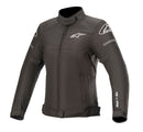 The Alpinestars Stella T-SPS WP Jacket in black from Crown Kiwi Enterprises Limited is showcased on a white background. It features branded logos on the chest and sleeves, includes protective padding, and has an adjustable waist strap. This jacket is designed with a female fit for optimal comfort.