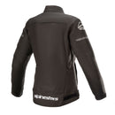 The Alpinestars Stella T-SPS WP Jacket in black from Crown Kiwi Enterprises Limited is showcased on a white background. It features branded logos on the chest and sleeves, includes protective padding, and has an adjustable waist strap. This jacket is designed with a female fit for optimal comfort.