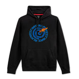 The Alpinestars Kids Wonderland Hoodie Black, by Crown Kiwi Enterprises Limited, is a black hoodie for children that displays a vibrant design on the front. Featuring a blue circular target with stylized text and an orange lightning bolt across it, this hoodie comes with a front pocket and drawstrings, making it ideal in size XS.