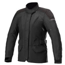 The Alpinestars Stella Gravity Drystar Jacket by Crown Kiwi Enterprises Limited is a black motorcycle jacket featuring long sleeves, a high collar, and multiple zippered pockets. It provides impact protection with padded shoulders and elbows and includes adjustable side straps for a comfortable fit. The weather-resistant fabric ensures it is both waterproof and durable.