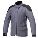 The Alpinestars Stella Gravity Drystar Jacket, offered by Crown Kiwi Enterprises Limited, is a gray and black motorcycle jacket featuring a high collar and adjustable straps at the waist and sleeves. It includes multiple pockets, reinforced shoulders, and impact protection, making it Tech-Air® 5 ready. The sleek design is displayed on a plain white background.