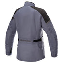 The Alpinestars Stella Gravity Drystar Jacket, offered by Crown Kiwi Enterprises Limited, is a gray and black motorcycle jacket featuring a high collar and adjustable straps at the waist and sleeves. It includes multiple pockets, reinforced shoulders, and impact protection, making it Tech-Air® 5 ready. The sleek design is displayed on a plain white background.