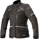 The Alpinestars Stella Andes v3 Drystar Jacket, a black motorcycle jacket from Crown Kiwi Enterprises Limited, features a high collar and adjustable straps on the sleeves and waist. It includes multiple zippered pockets and a reflective strip on the chest pockets, making it Tech-Air 5 ready for both style and safety during your rides.