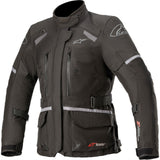 The Alpinestars Stella Andes v3 Drystar Jacket, a black motorcycle jacket from Crown Kiwi Enterprises Limited, features a high collar and adjustable straps on the sleeves and waist. It includes multiple zippered pockets and a reflective strip on the chest pockets, making it Tech-Air 5 ready for both style and safety during your rides.
