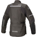The Alpinestars Stella Andes v3 Drystar Jacket, a black motorcycle jacket from Crown Kiwi Enterprises Limited, features a high collar and adjustable straps on the sleeves and waist. It includes multiple zippered pockets and a reflective strip on the chest pockets, making it Tech-Air 5 ready for both style and safety during your rides.