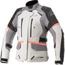 A motorcycling jacket featuring a gray, black, and light beige color scheme, the Alpinestars Stella Andes v3 Drystar Jacket is Tech-Air 5 ready. It has multiple zippered pockets on the front, adjustable straps at the waist and cuffs, and padded areas for protection. The ALPINESTARS logo is visible on the chest and shoulder.