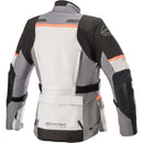 A motorcycling jacket featuring a gray, black, and light beige color scheme, the Alpinestars Stella Andes v3 Drystar Jacket is Tech-Air 5 ready. It has multiple zippered pockets on the front, adjustable straps at the waist and cuffs, and padded areas for protection. The ALPINESTARS logo is visible on the chest and shoulder.
