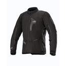 The Alpinestars Venture XT Jacket by ALPINESTARS is a black motorcycle jacket with long sleeves, featuring multiple zippers on the front and arms. With logos and gray accents on the sleeves, chest, and near the pockets, this S-sized jacket is both sturdy and designed for protection and comfort.
