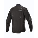 The Alpinestars Venture XT Jacket by ALPINESTARS is a black motorcycle jacket with long sleeves, featuring multiple zippers on the front and arms. With logos and gray accents on the sleeves, chest, and near the pockets, this S-sized jacket is both sturdy and designed for protection and comfort.