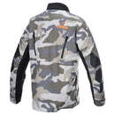 The Alpinestars Venture XT Jacket by ALPINESTARS is a multi-colored Mojave Camo jacket with black accents on the sides and sleeves. It features a zippered chest pocket with a white logo. The sleeves sport orange text near the cuffs, while the high collar and multiple zippered pockets ensure both style and functionality.