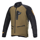 The Alpinestars Venture XT Jacket from ALPINESTARS boasts a dual-tone design with a light olive green main body and contrasting black sleeves and shoulders. It features black and yellow branding on the sleeves and chest, zippered pockets, and a front zipper closure, offering stylish functionality perfect for any adventure.