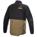 The Alpinestars Venture XT Jacket from ALPINESTARS boasts a dual-tone design with a light olive green main body and contrasting black sleeves and shoulders. It features black and yellow branding on the sleeves and chest, zippered pockets, and a front zipper closure, offering stylish functionality perfect for any adventure.
