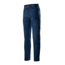 The Alpinestars Copper V2 Denim Pants by ALPINESTARS are dark blue jeans with a classic five-pocket design, infused with Kevlar for durability. They have a straight fit and a button-zipper closure, showcased on a white background.