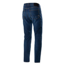 The Alpinestars Copper V2 Denim Pants by ALPINESTARS are dark blue jeans with a classic five-pocket design, infused with Kevlar for durability. They have a straight fit and a button-zipper closure, showcased on a white background.