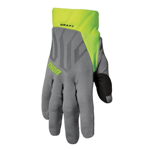 A single gray and neon yellow GLOVE THOR S23 DRAFT GREY/ACID featuring four-way stretch mesh fabric and the brand name "THOR MX" printed on the top. The glove is positioned vertically with the palm side facing away, showcasing the back and cuff.