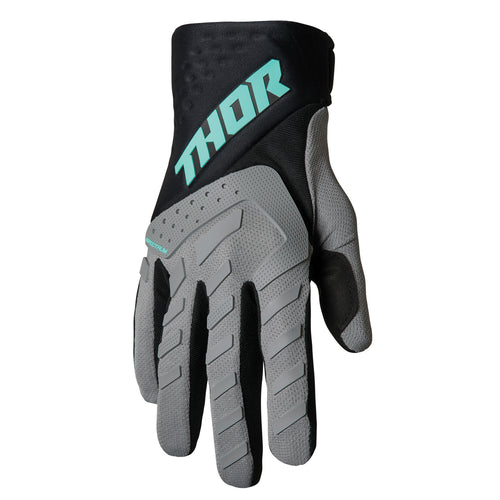 A single black and gray armored motorcycle glove with turquoise accents and "THOR" written in turquoise on the wrist area. The GLOVE THOR S23 SPECTRUM GY/BLK/MT by THOR MX features protective padding on the fingers, knuckles, and palm, and is touch screen compatible.