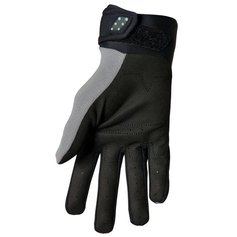 A single black and gray armored motorcycle glove with turquoise accents and "THOR" written in turquoise on the wrist area. The GLOVE THOR S23 SPECTRUM GY/BLK/MT by THOR MX features protective padding on the fingers, knuckles, and palm, and is touch screen compatible.
